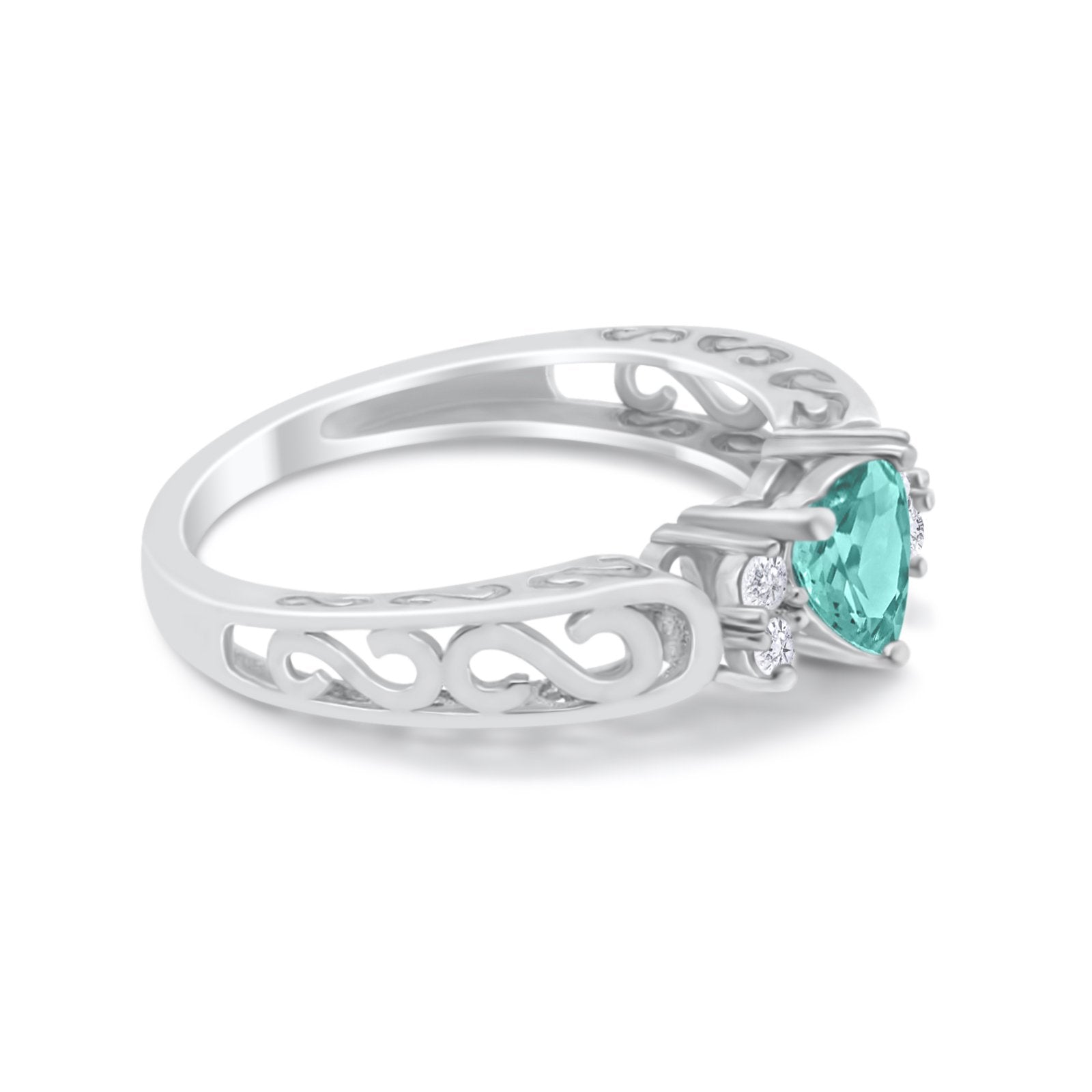 Filigree Heart Promise Wedding Ring Simulated Paraiba Tourmaline CZ 925 Sterling Silver