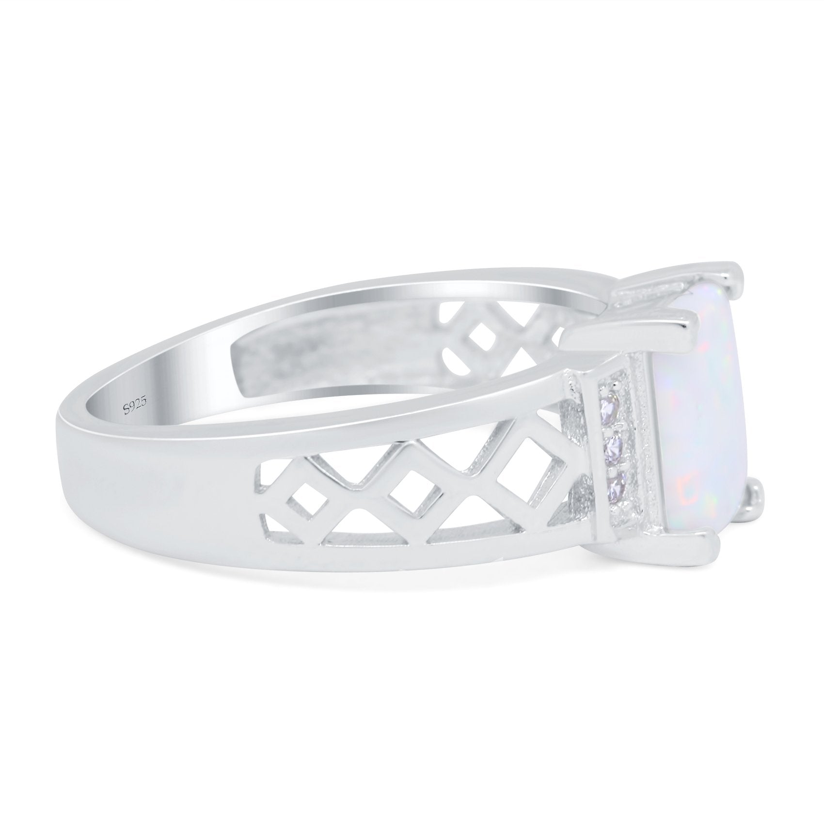Fashion Ring Radiant Cut Lab Created White Opal 925 Sterling Silver
