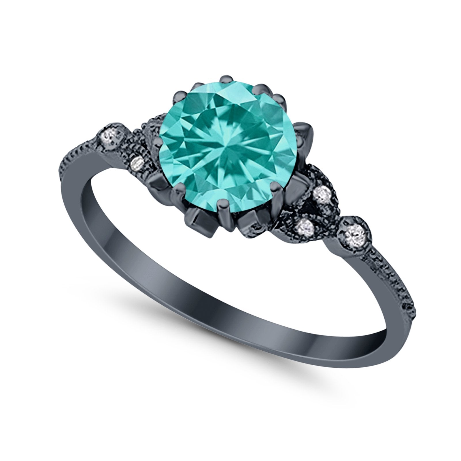 Art Deco Fashion Ring Round Black Tone, Simulated Paraiba Tourmaline CZ 925 Sterling Silver