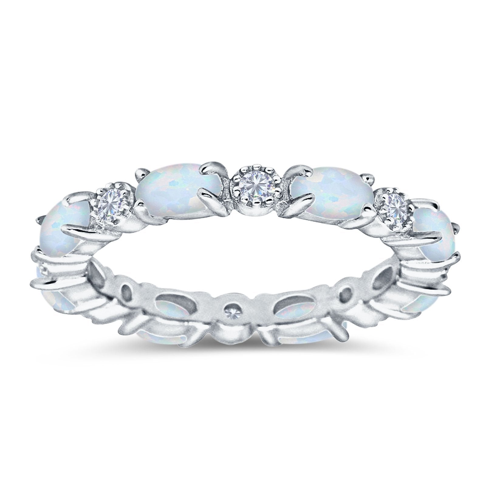 Full Eternity Stackable Band Ring Oval Lab Created White Opal 925 Sterling Silver