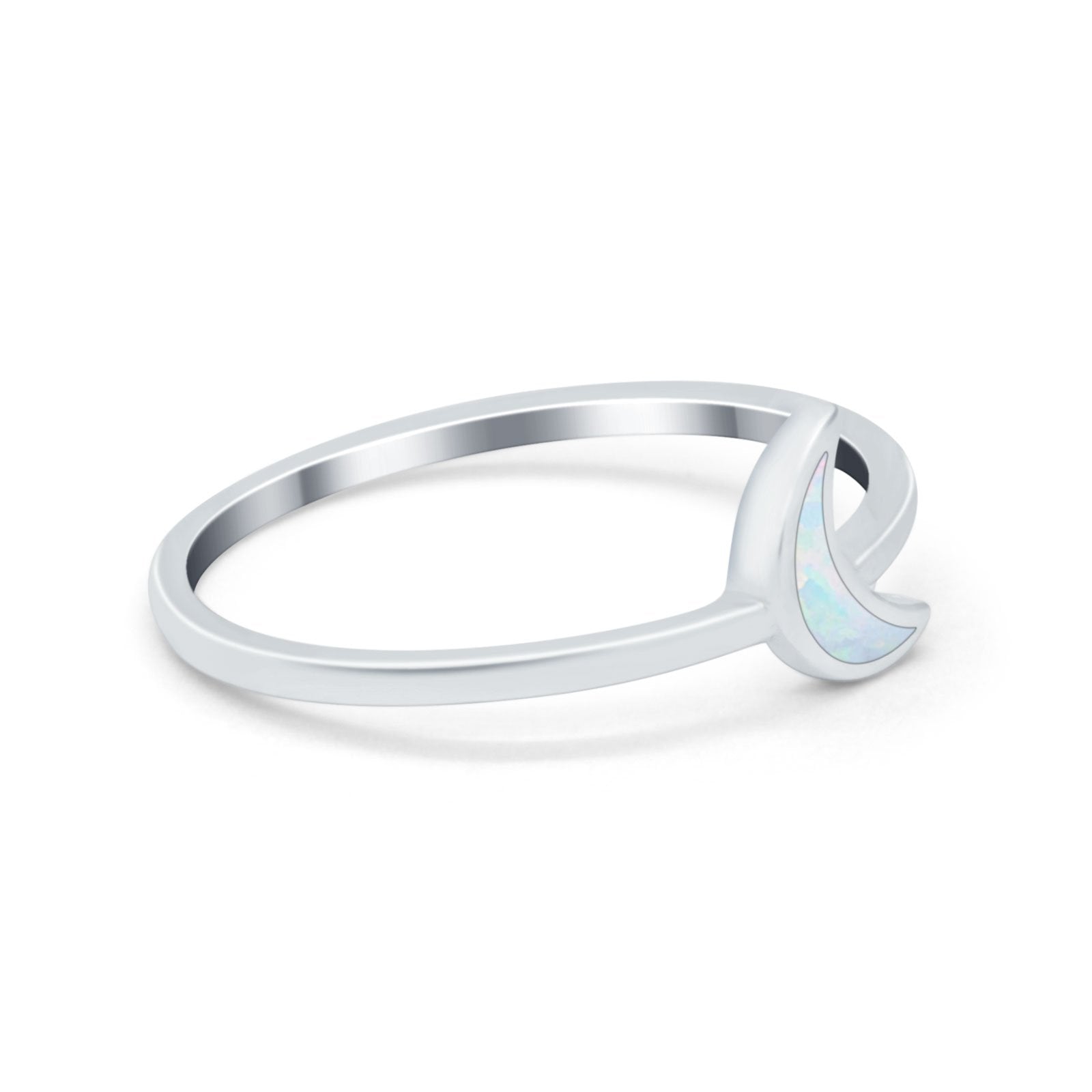 Moon Band Crescent Ring Lab Created White Opal 925 Sterling Silver
