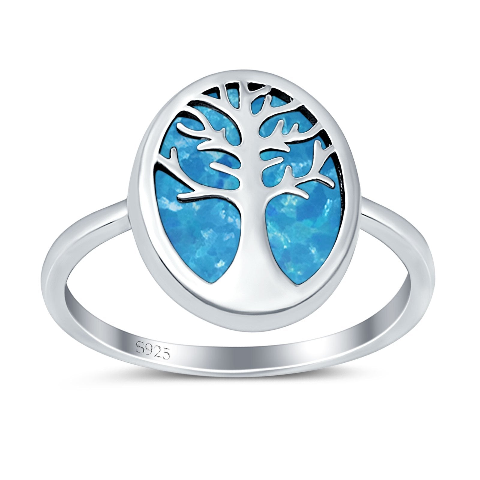 Oval Tree of Life Ring Lab Created Blue Opal Rhodium Plated 925 Sterling Silver