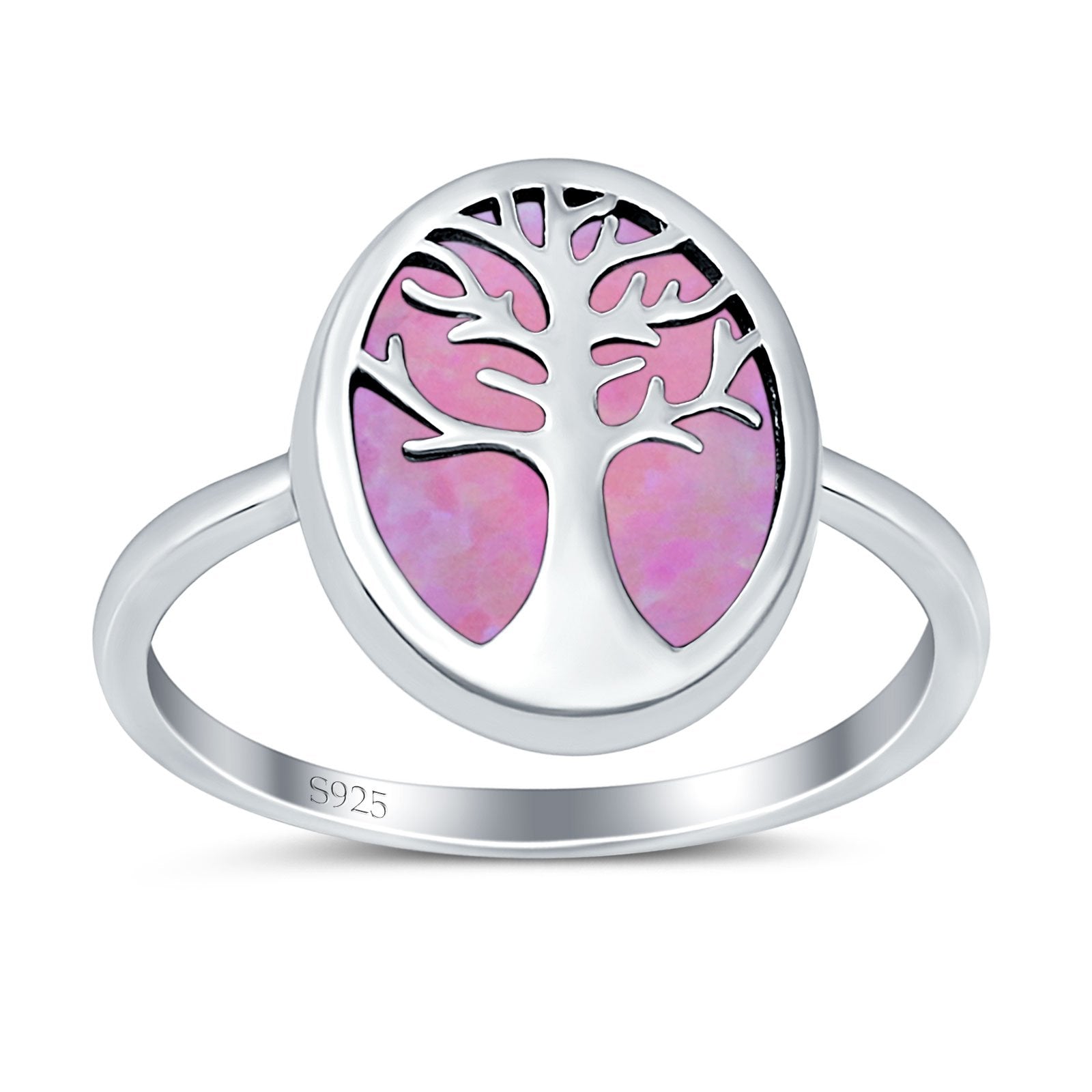 Oval Tree of Life Ring Lab Created Pink Opal Rhodium Plated 925 Sterling Silver