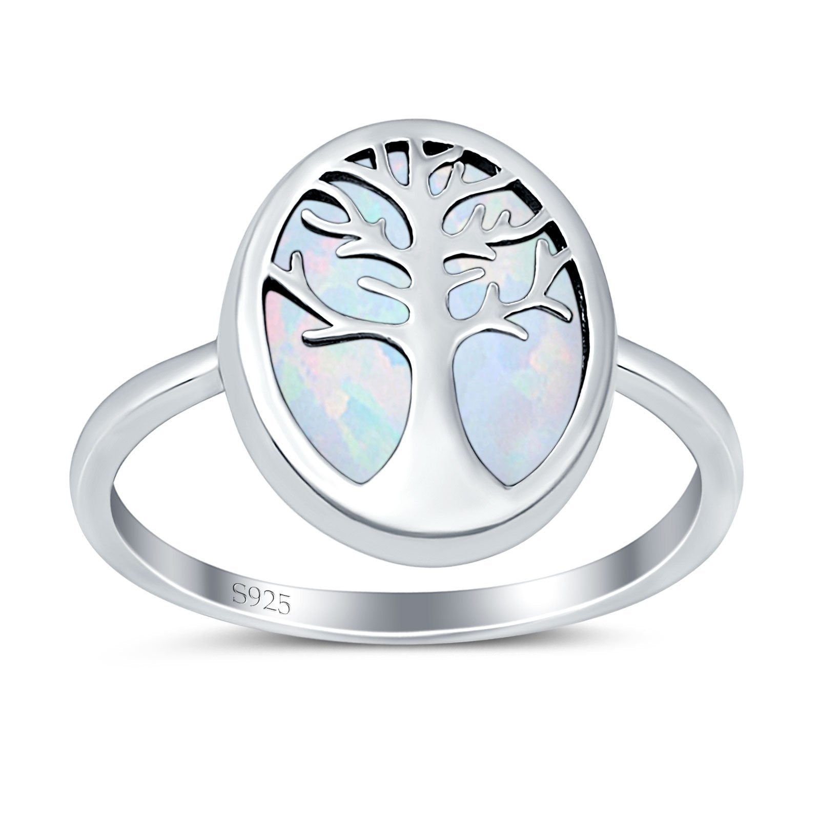 Oval Tree of Life Ring Lab Created White Opal Rhodium Plated 925 Sterling Silver