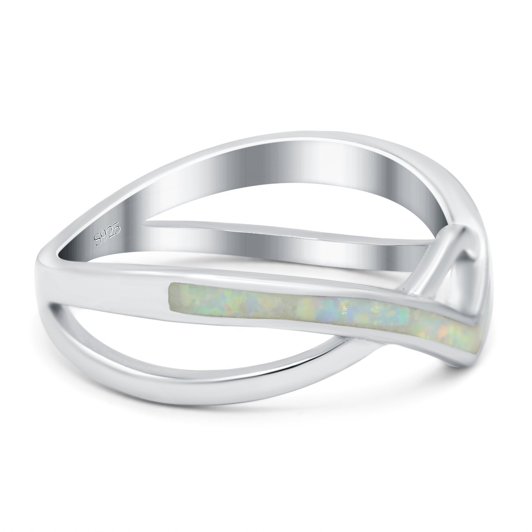 Criss Cross V Shape Ring Band Lab Created White Opal 925 Sterling Silver (6mm)