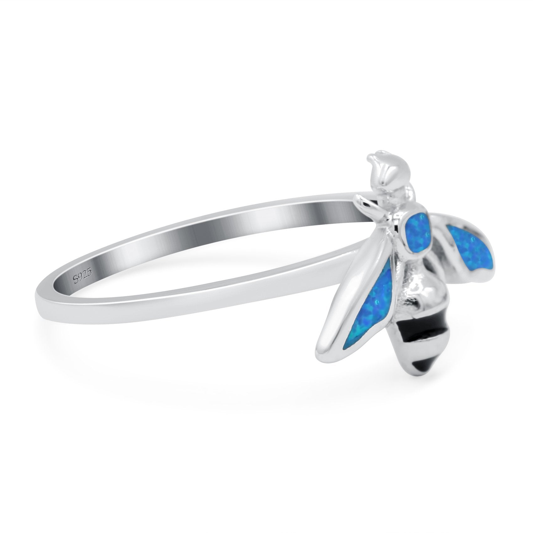 Bee Ring Band Lab Created Blue Opal 925 Sterling Silver (11mm)