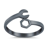Mechanical Wrench Band Black Tone, Plain Ring 925 Sterling Silver