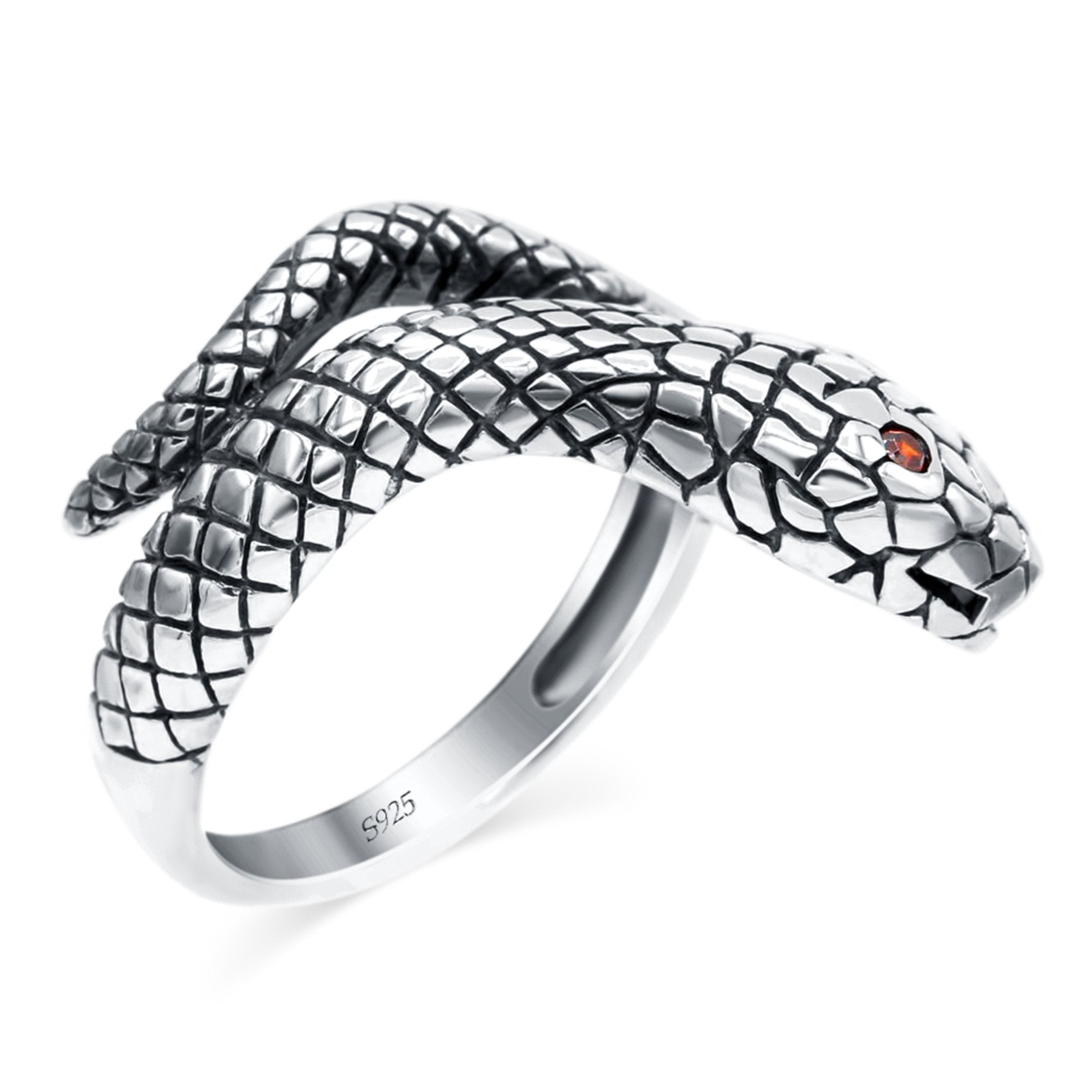 Snake Ring Oxidized Band Solid Simulated Garnet CZ 925 Sterling Silver (17mm)