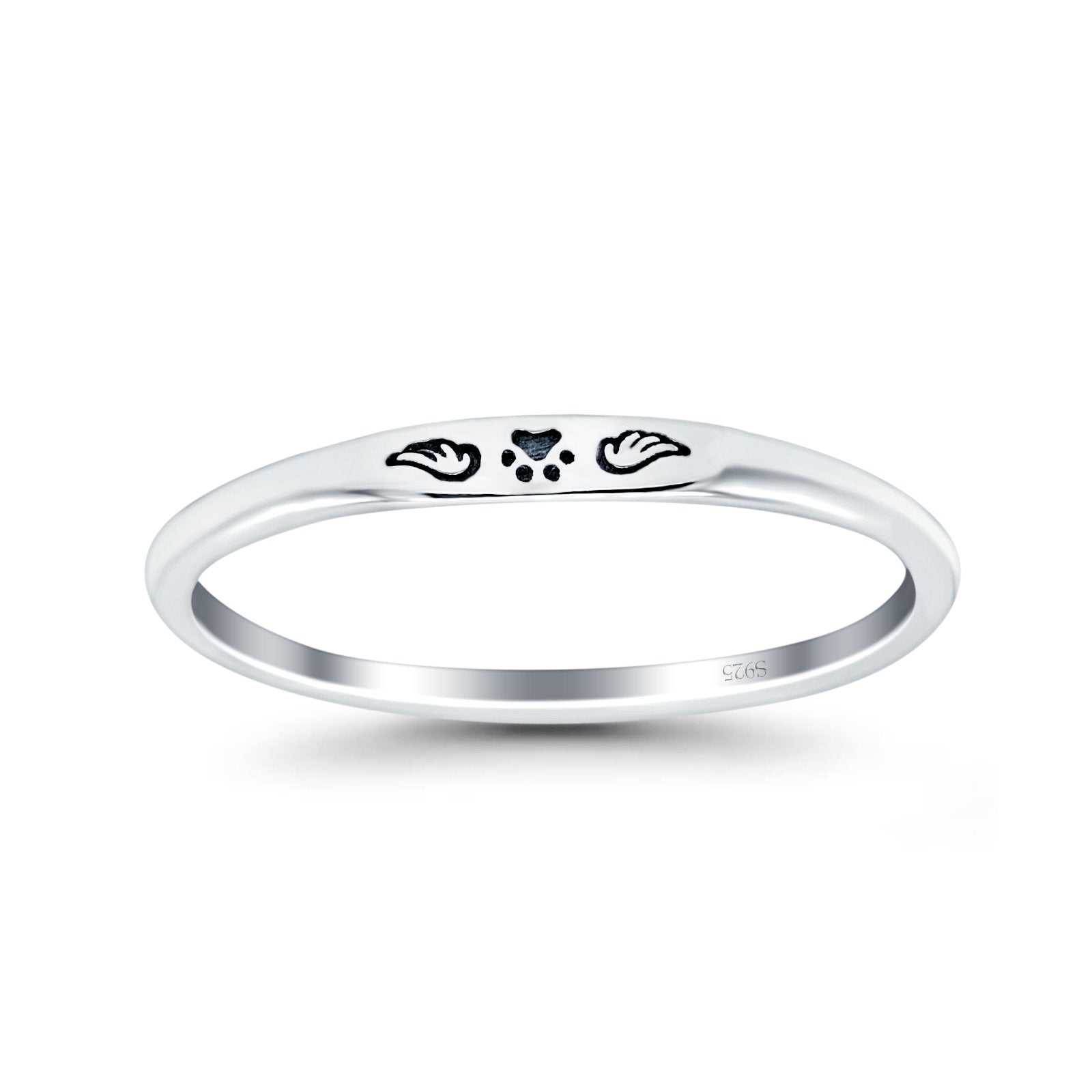 Paw Print & Wings Oxidized Band Solid 925 Sterling Silver Thumb Ring (2.2mm)