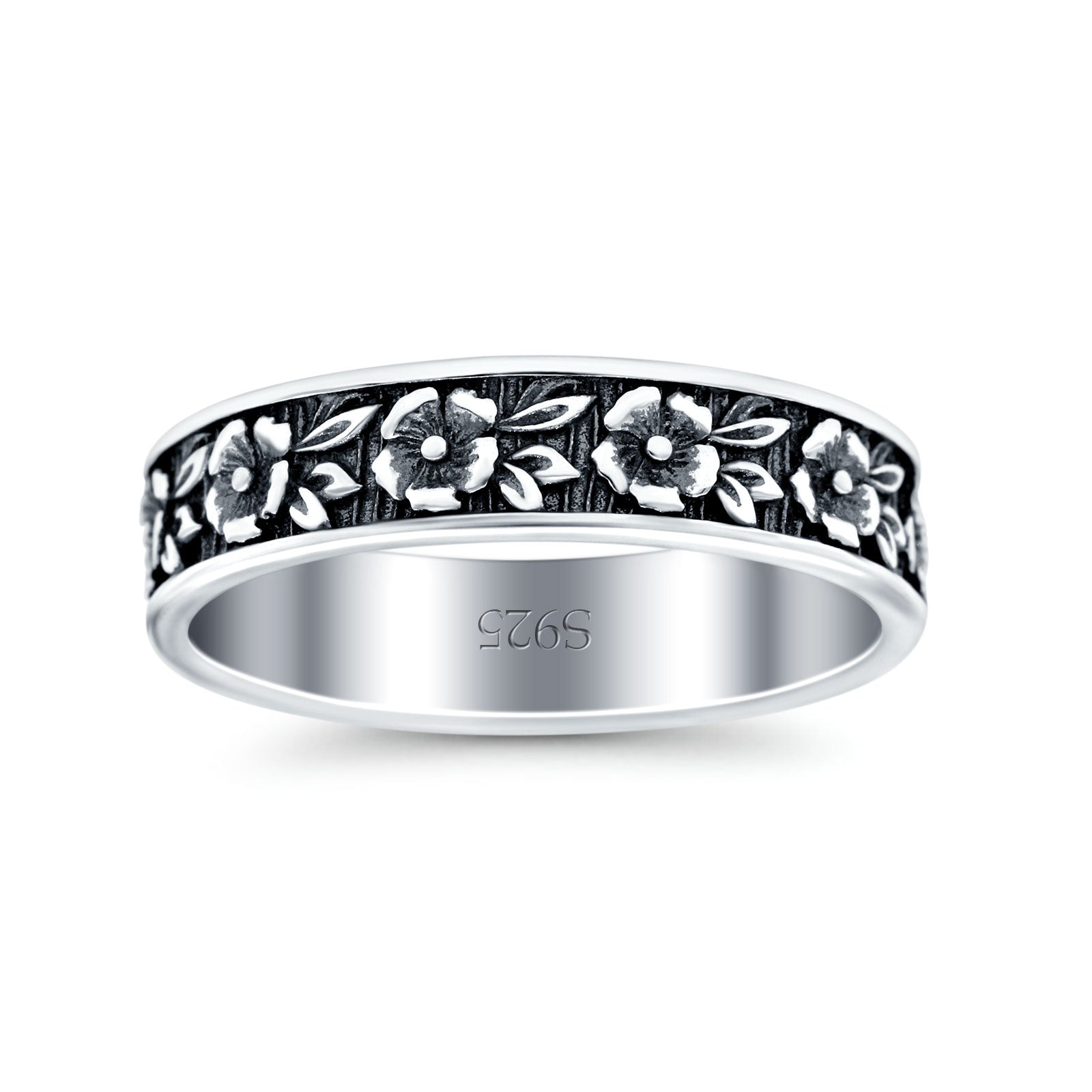 Flowers Oxidized Band Solid 925 Sterling Silver Thumb Ring (5mm)