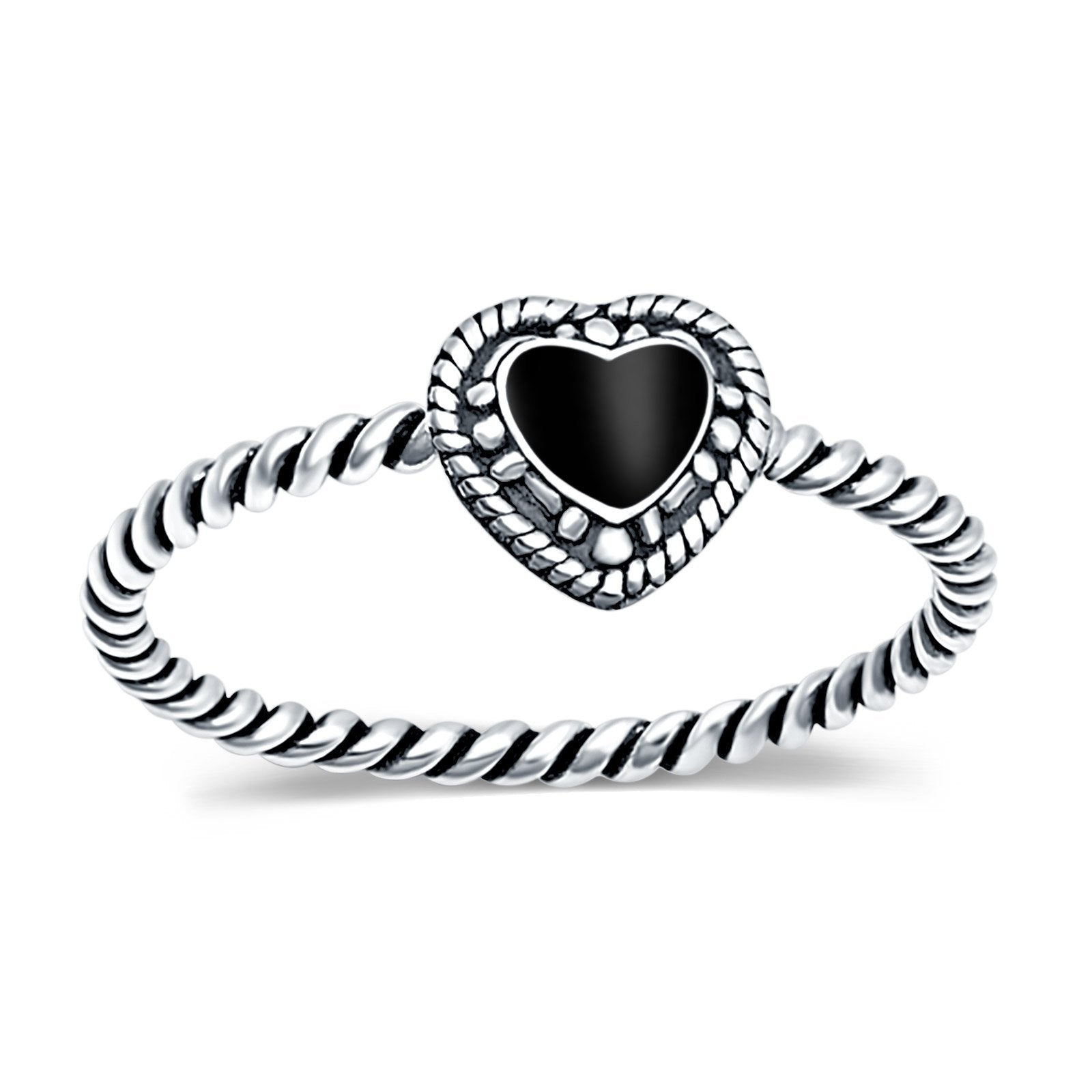 Petite Dainty Heart Promise Ring Band Simulated Black Onyx Oxidized Braided 925 Sterling Silver