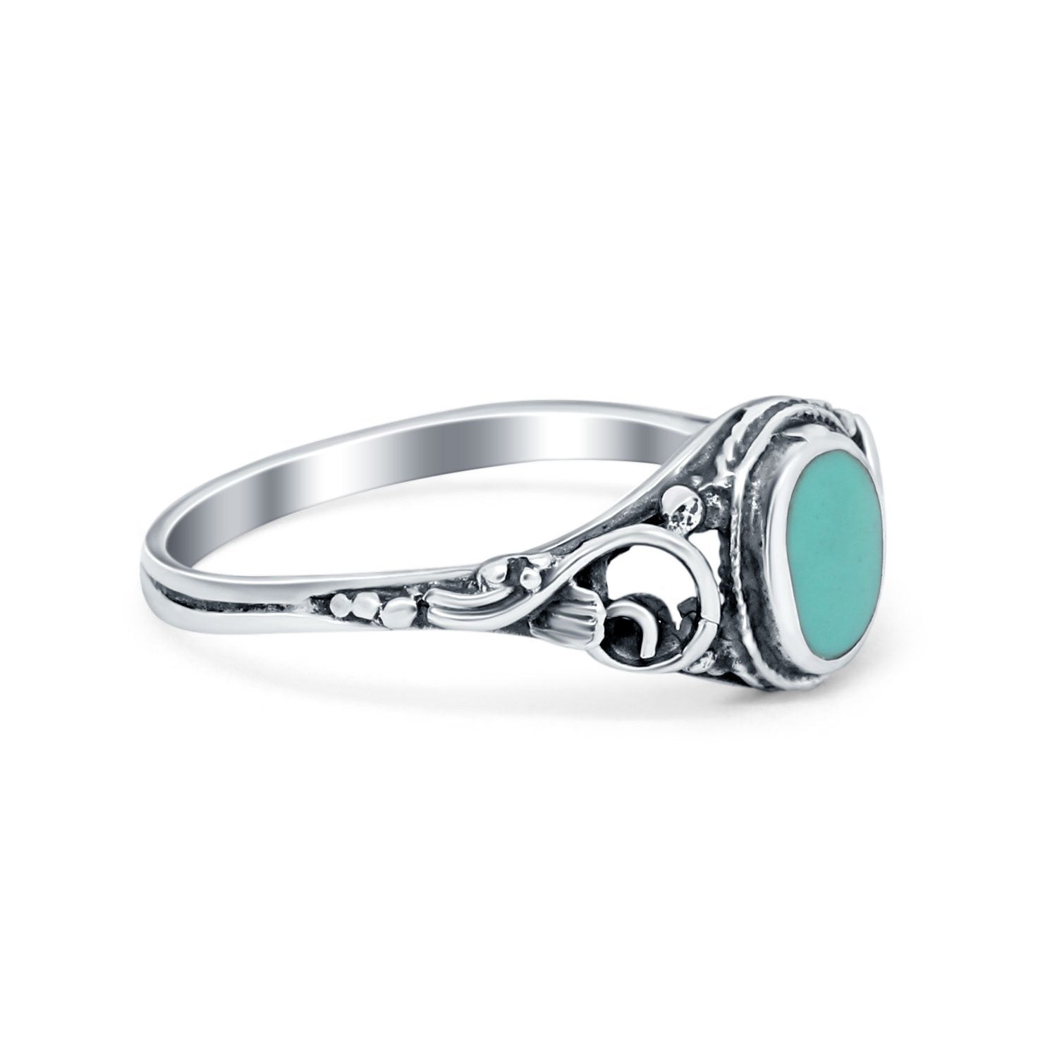 Filigree Oval Simulated Turquoise CZ Ring Oxidized Round 925 Sterling Silver