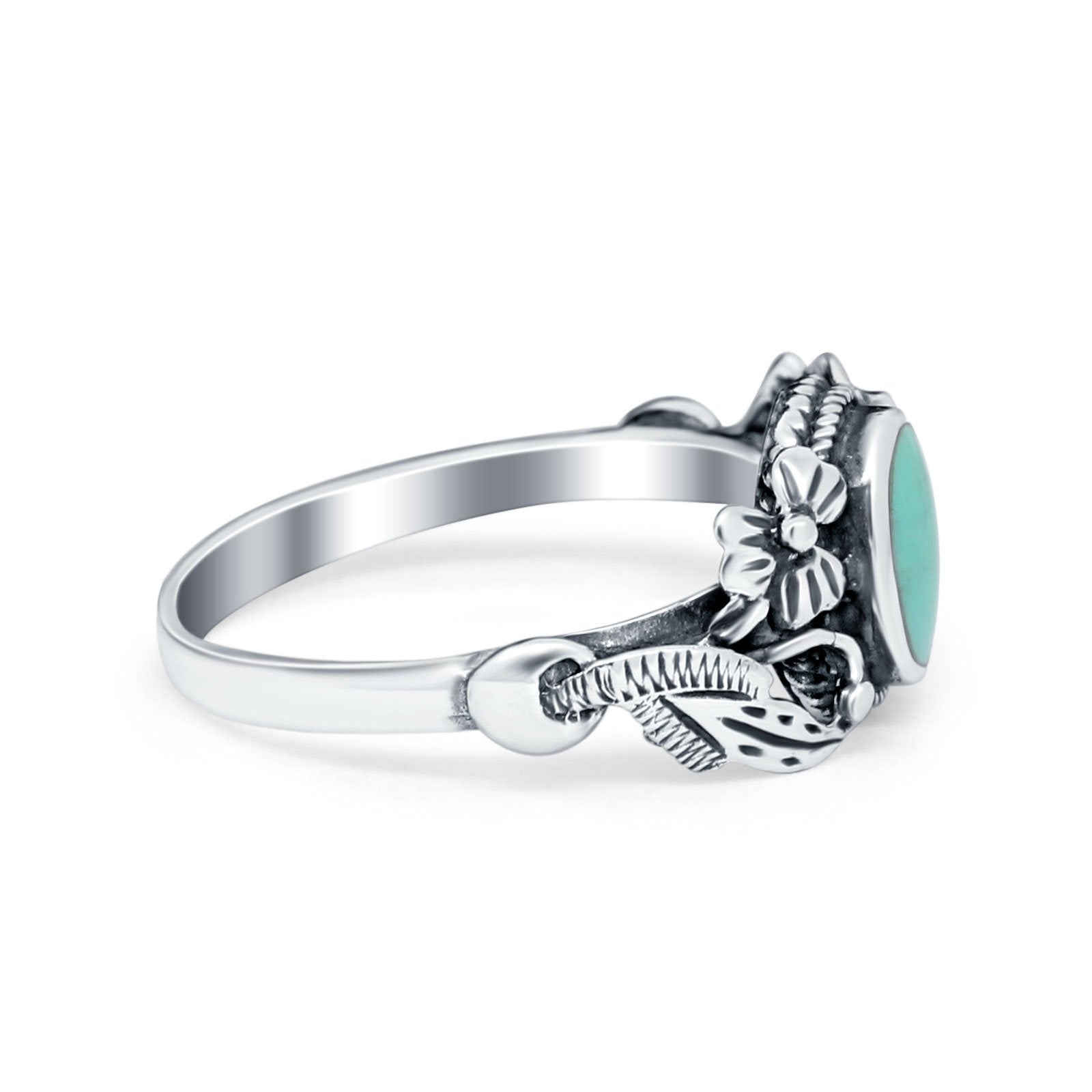 Oxidized Finish Flower Oval Round Simulated Turquoise Ring 925 Sterling Silver