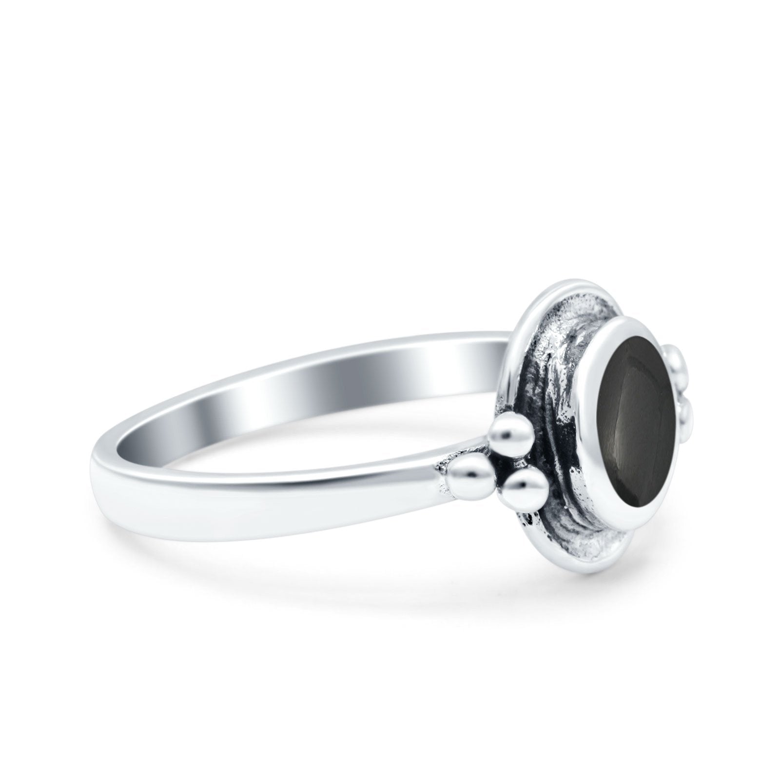 Petite Dainty Round Simulated Black Onyx Solitaire Band Oxidized Braided 925 Sterling Silver