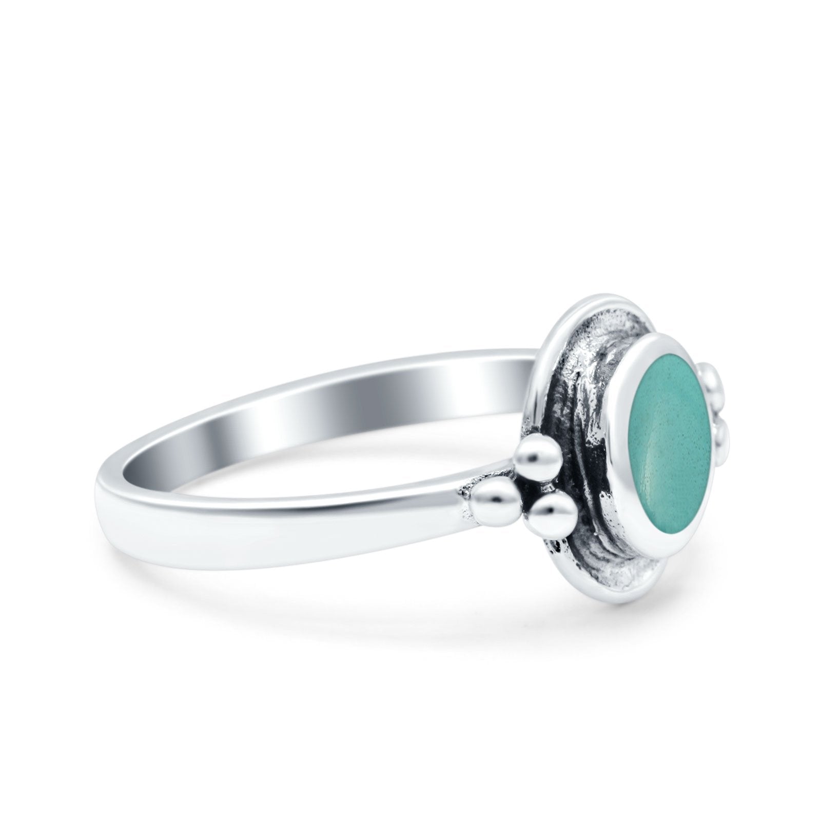 Petite Dainty Round Simulated Turquoise Solitaire Band Oxidized Braided 925 Sterling Silver