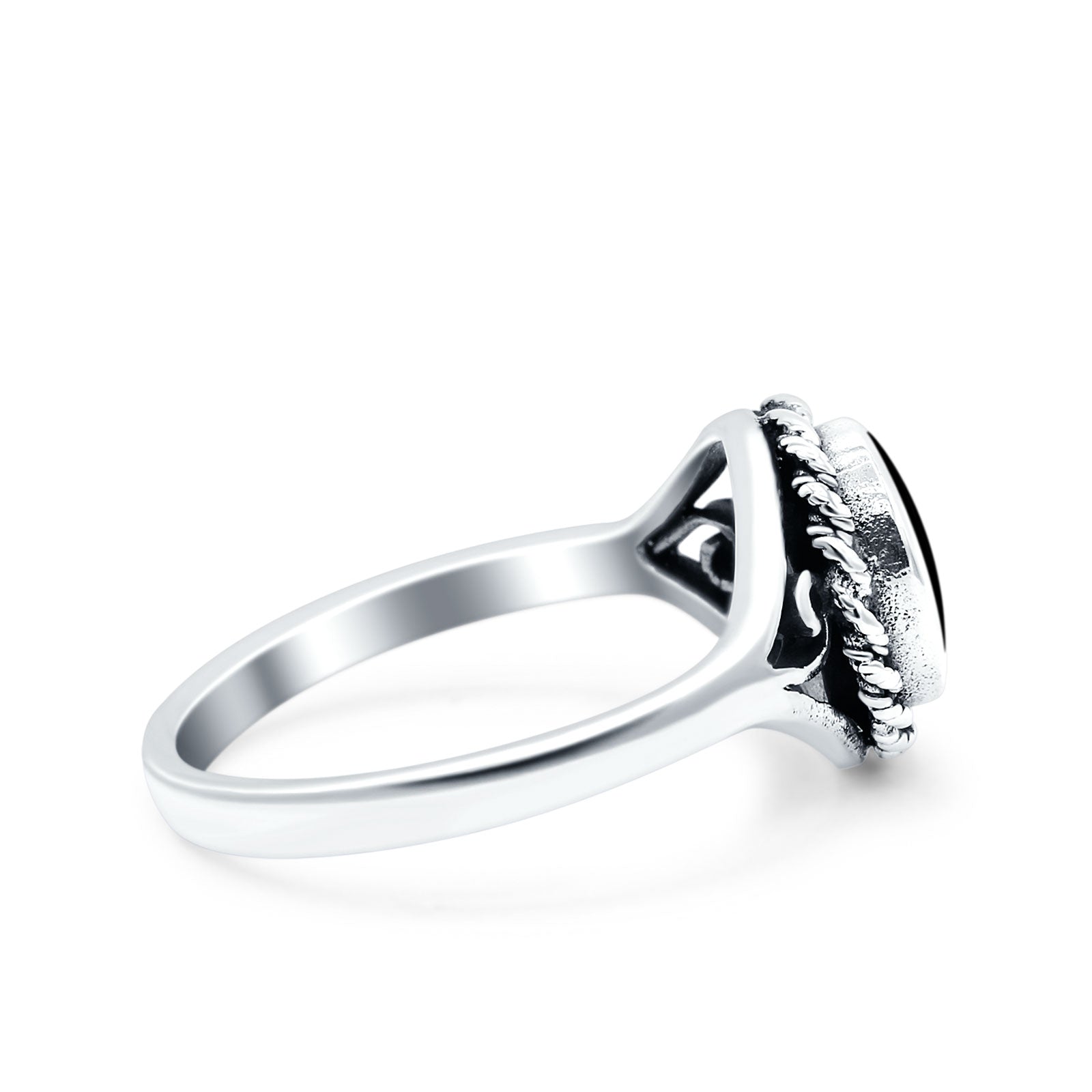 Filigree Petite Dainty Lab Opal Ring Solid Round Oxidized Simulated Black Onyx 925 Sterling Silver