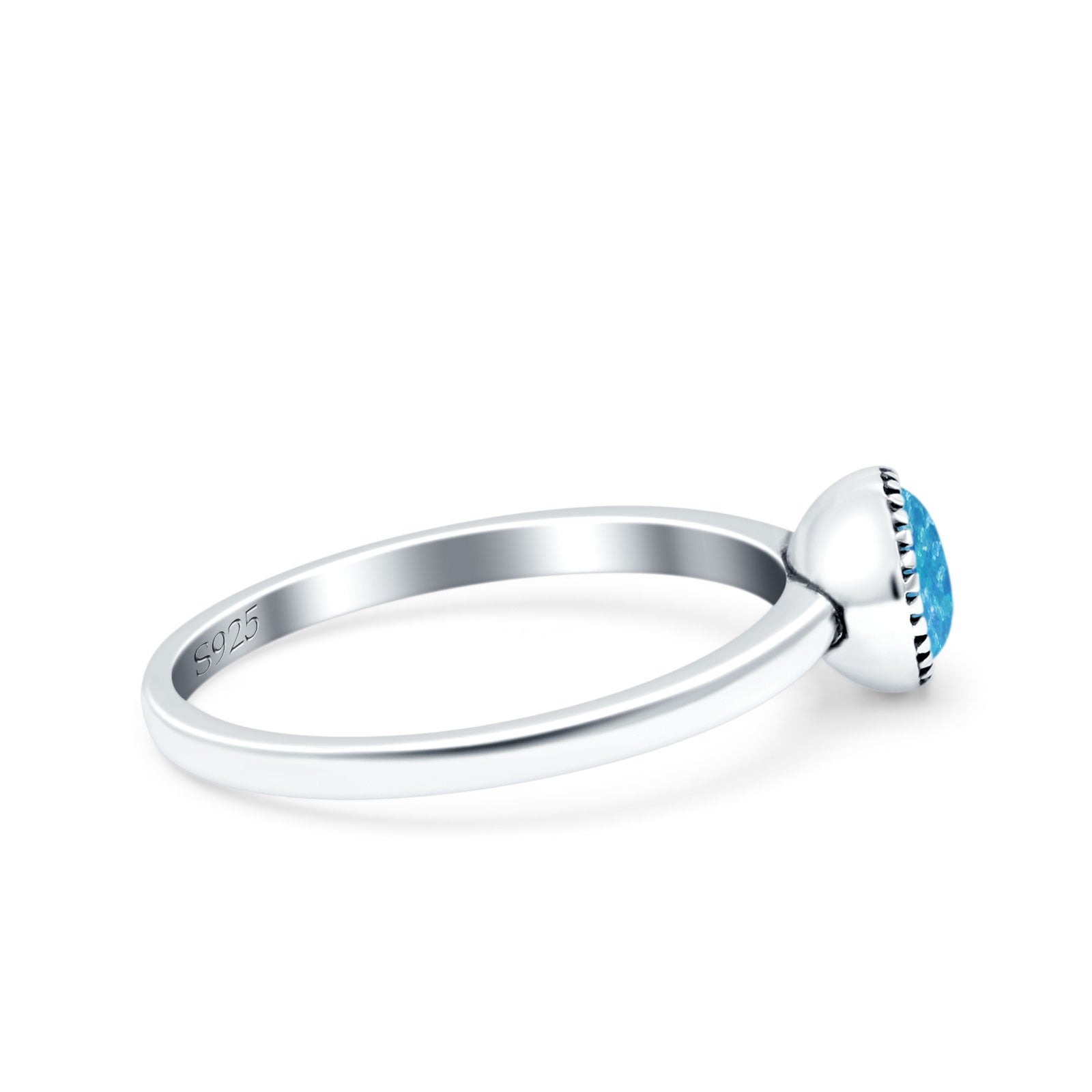 Petite Dainty Lab Opal Ring Solid Round Oxidized Lab Created Blue Opal 925 Sterling Silver
