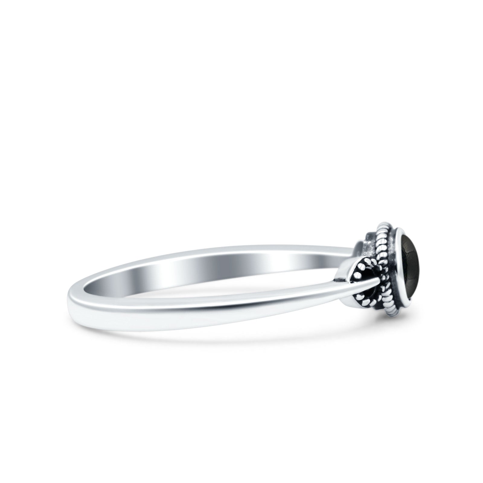 Promise Band Oxidized Round Simulated Black Agate Petite Dainty Ring 925 Sterling Silver