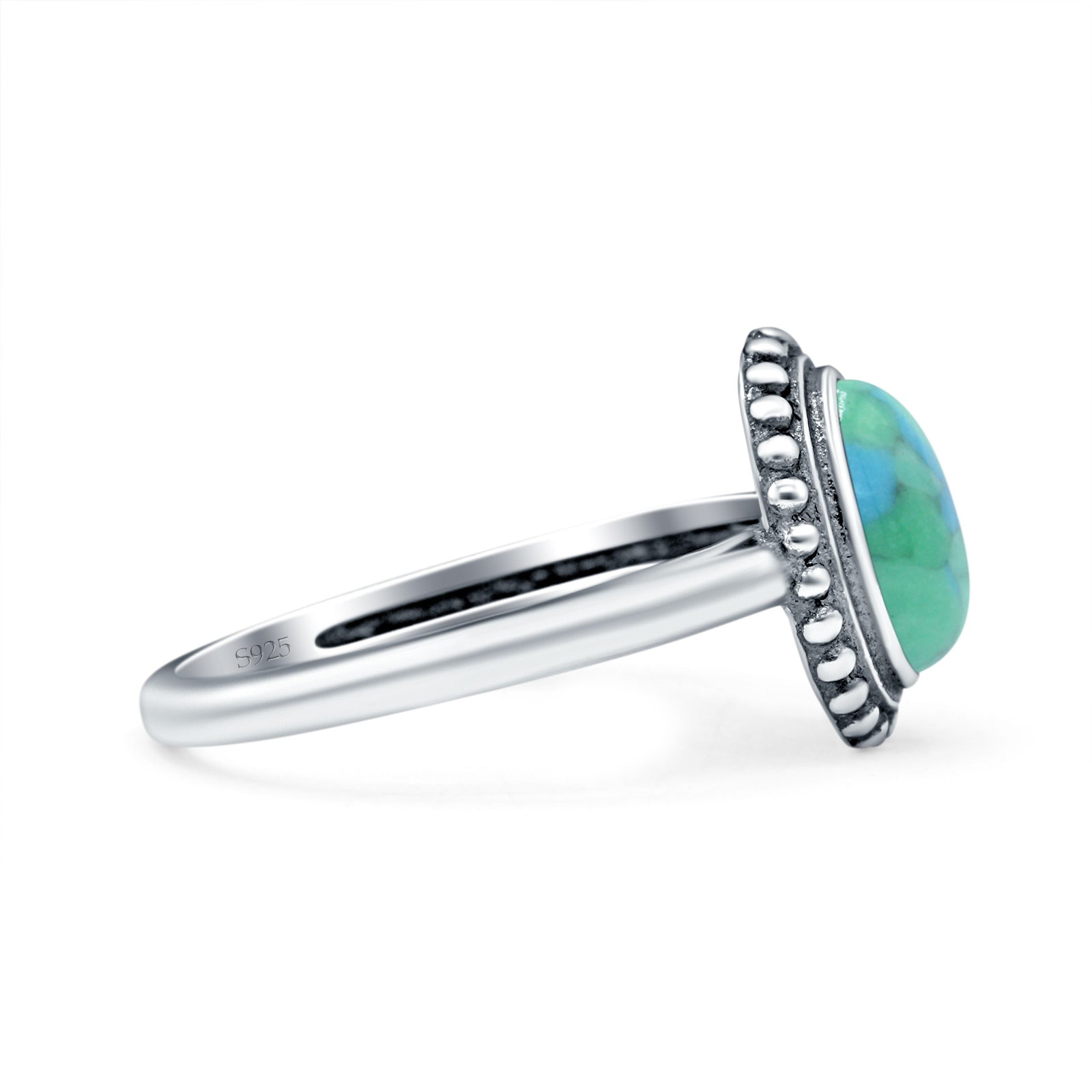 Petite Dainty Lab Opal Ring Solid Round Oxidized Simulated Turquoise 925 Sterling Silver
