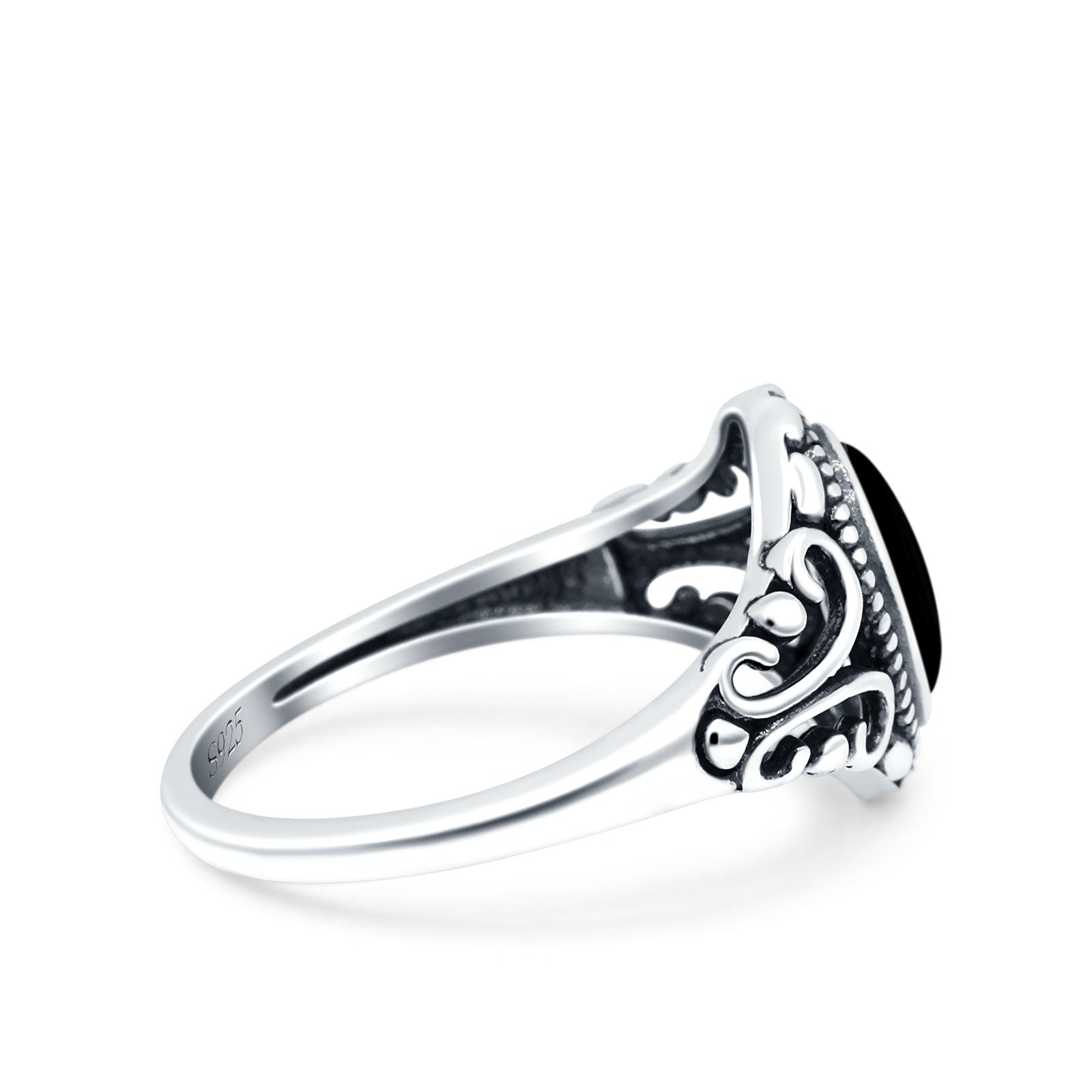 Petite Dainty Vintage Style Oval Ring Solid Simulated Black Onyx 925 Sterling Silver