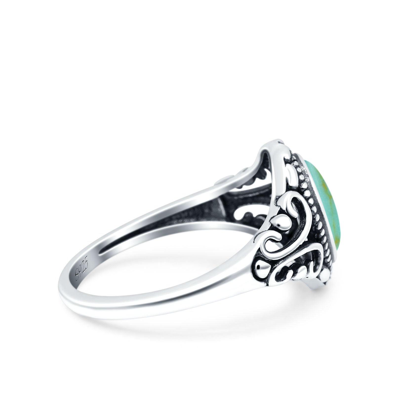 Petite Dainty Vintage Style Oval Ring Solid Simulated Turquoise 925 Sterling Silver