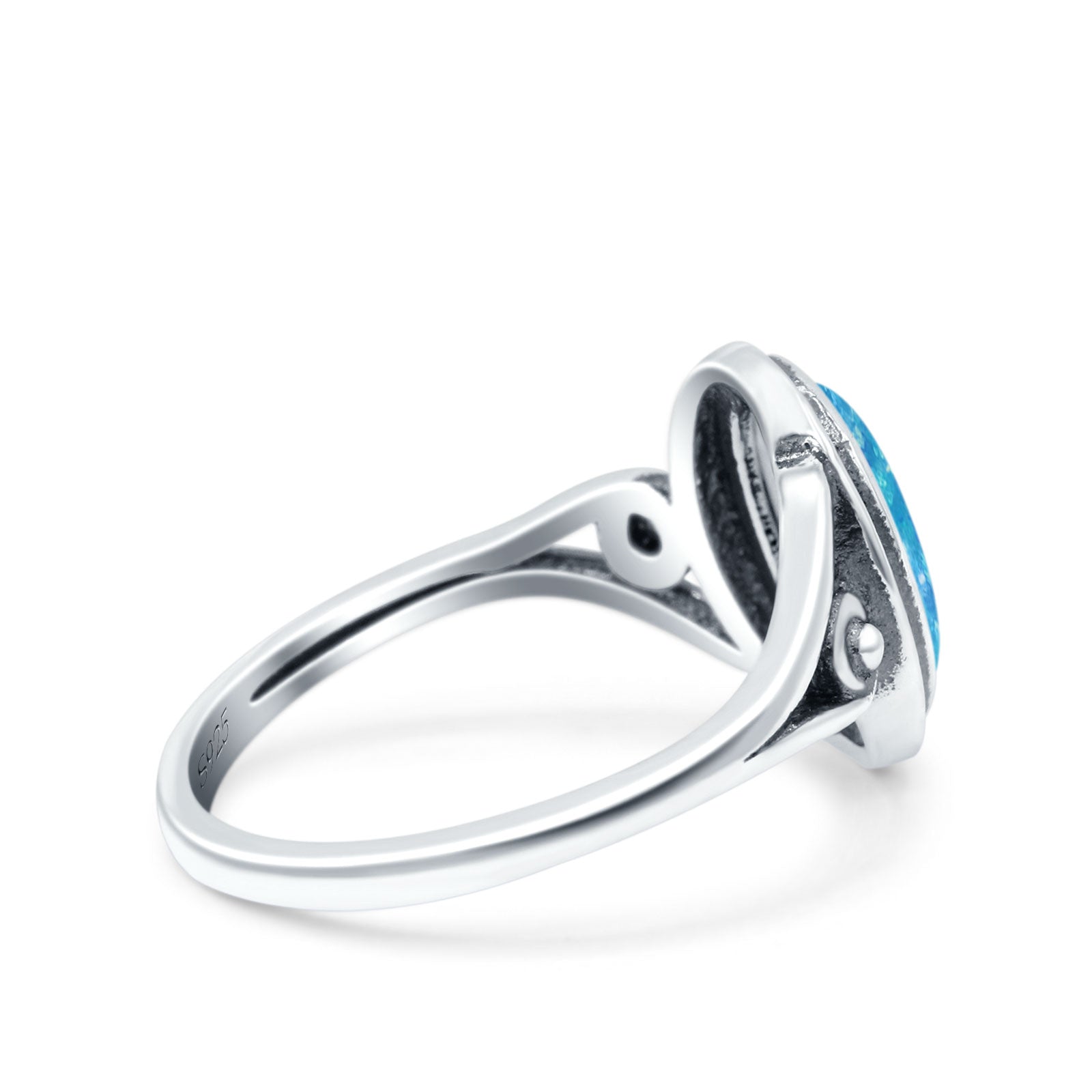 Petite Dainty Oval Vintage Style Ring Oxidized Lab Created Blue Opal Solid 925 Sterling Silver