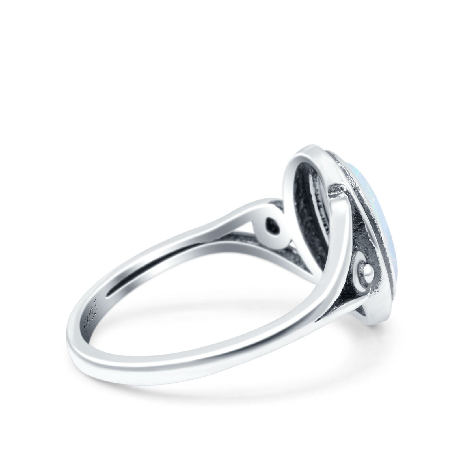 Petite Dainty Oval Vintage Style Ring Oxidized Lab Created White Opal Solid 925 Sterling Silver