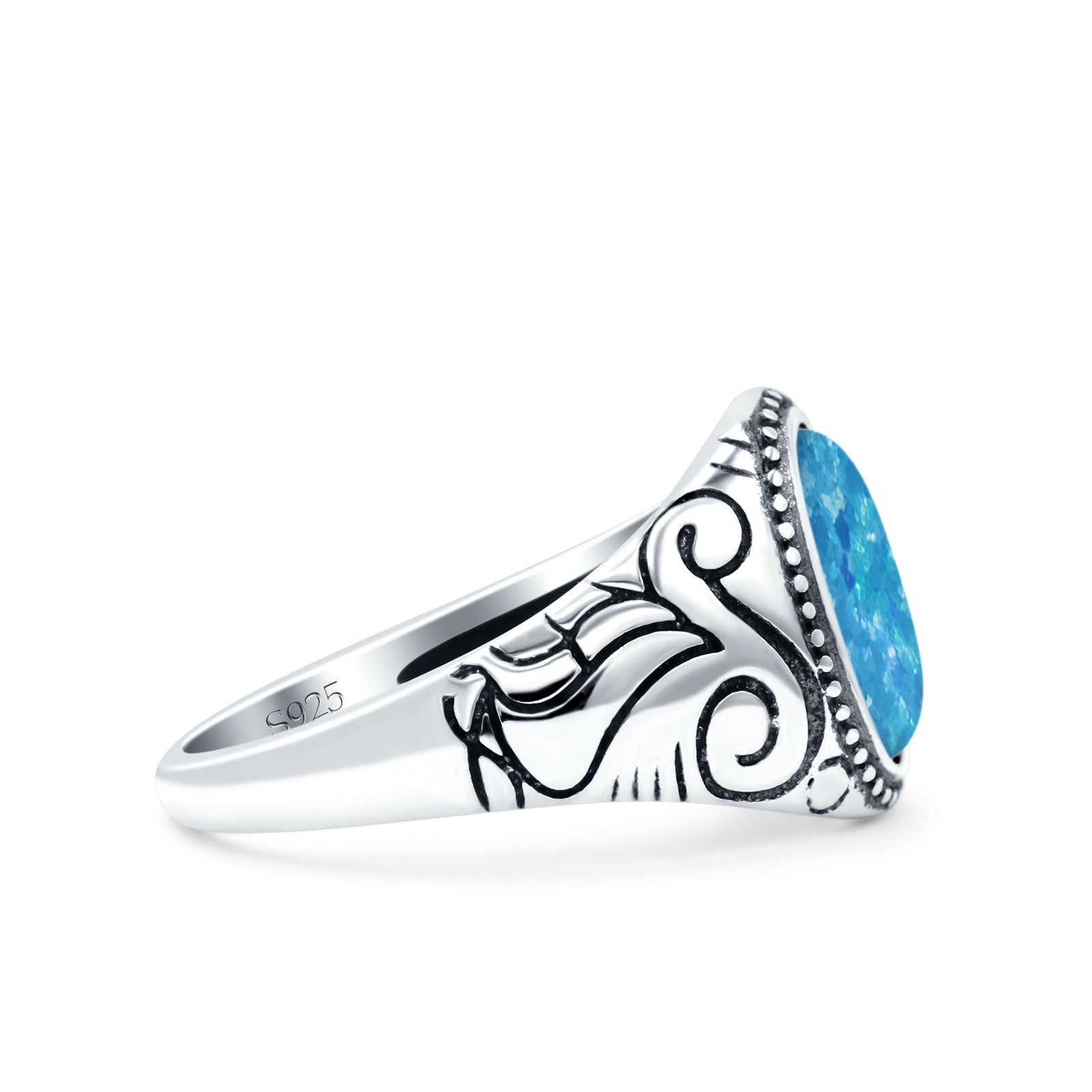 Filigree Vintage Style Lab Opal Ring Solid Oval Oxidized Lab Created Blue Opal 925 Sterling Silver