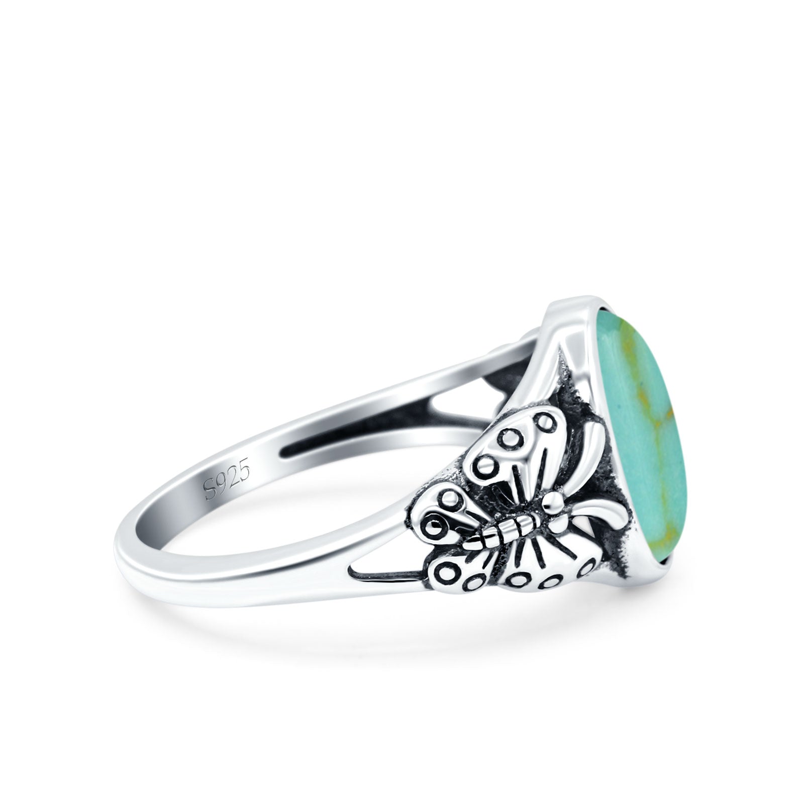 Petite Dainty Butterfly Lab Opal Ring Solid Oval Oxidized Simulated Turquoise 925 Sterling Silver