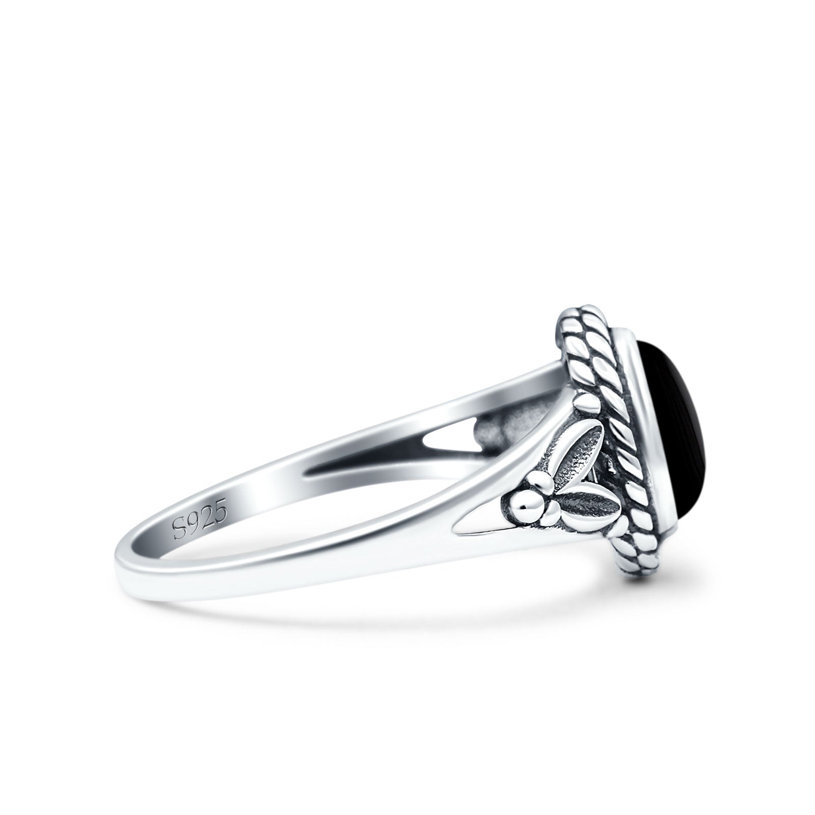 Filigree Petite Dainty Lab Opal Ring Solid Oval Oxidized Simulated Black Onyx 925 Sterling Silver