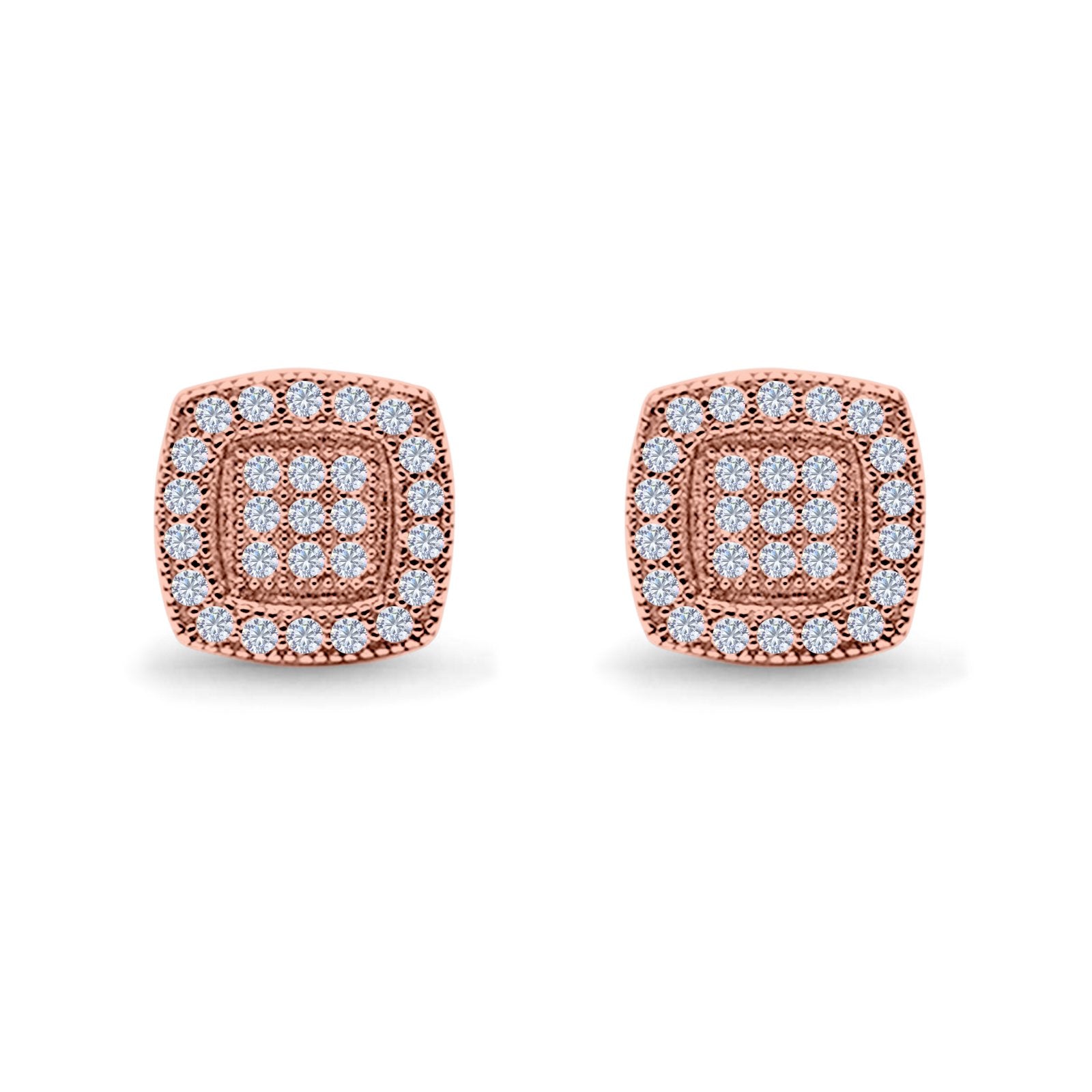 Square Cushion Shape Rose Tone, Simulated CZ Stud Earrings Screw-Back Round Pave 925 Sterling Silver