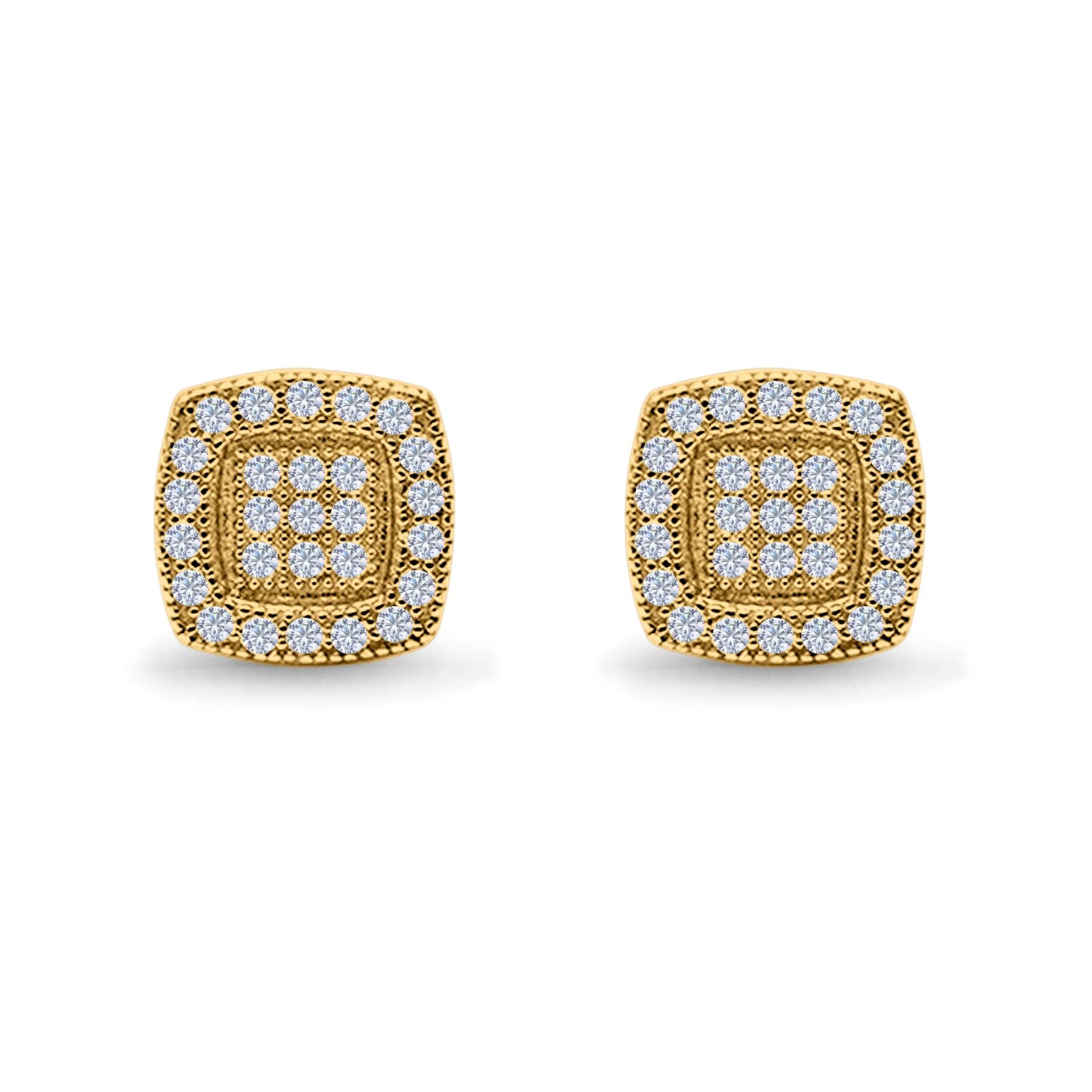 Square Cushion Shape Yellow Tone, Simulated CZ Stud Earrings Screw-Back Round Pave 925 Sterling Silver