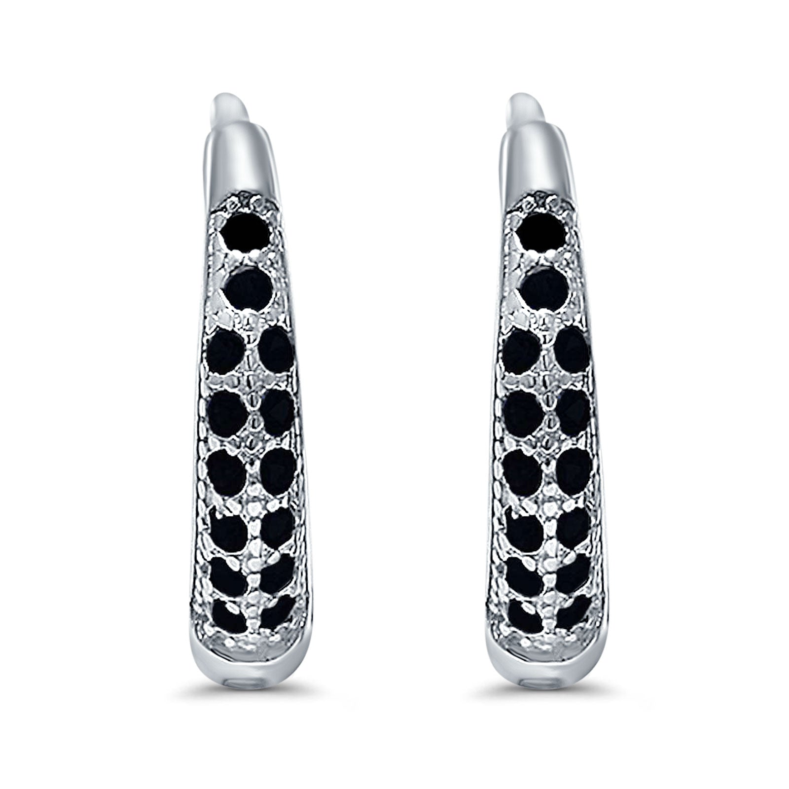 Eternity Huggie Hoop Earrings Channel Round Simulated Black CZ 925 Sterling Silver (14mm)