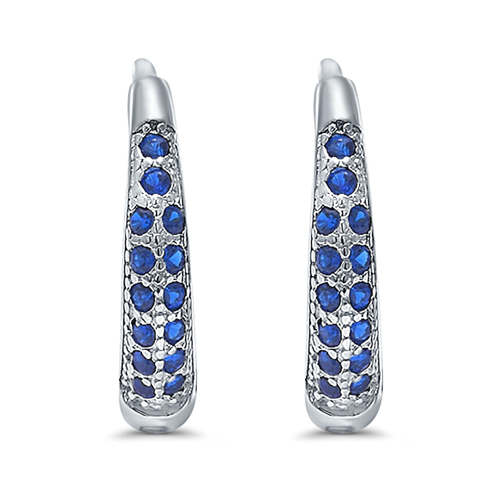 Eternity Huggie Hoop Earrings Channel Round Simulated Blue Sapphire CZ 925 Sterling Silver (14mm)
