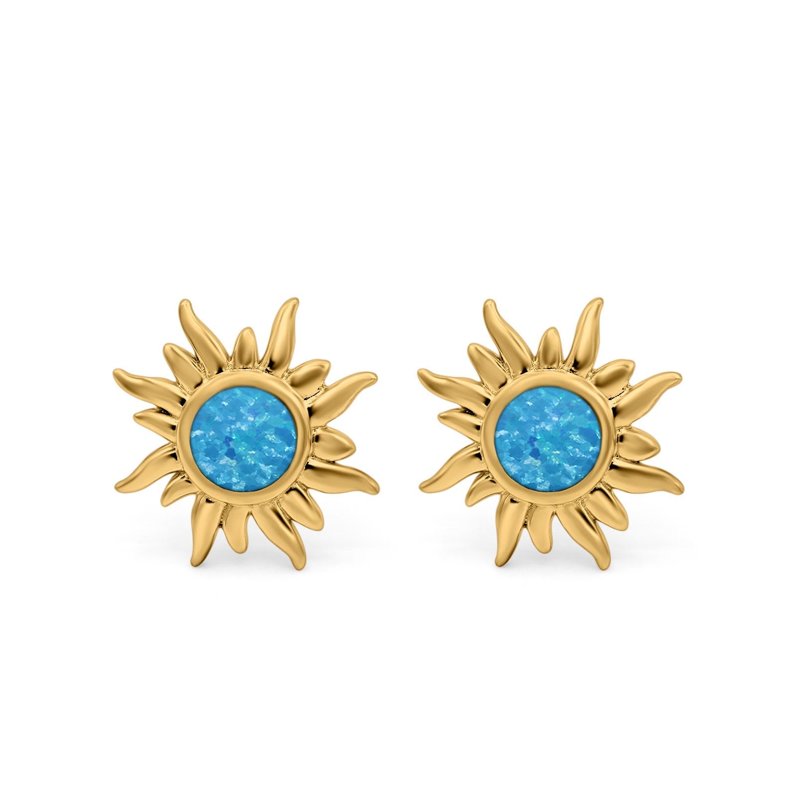 Sun Stud Earrings Yellow Tone, Lab Created Blue Opal 925 Sterling Silver (6.26mm)
