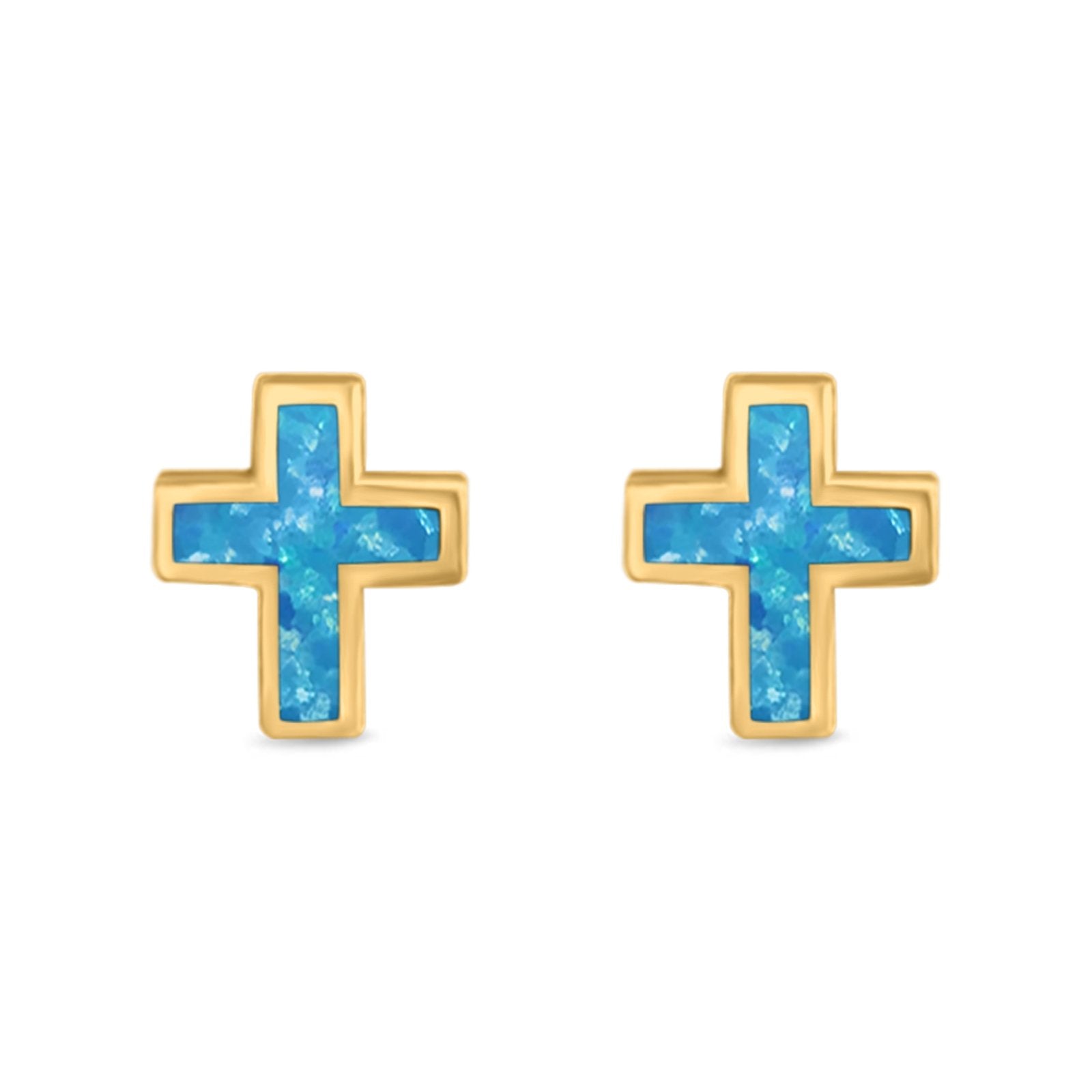 Cross Stud Earrings Yellow Tone, Lab Created Blue Opal 925 Sterling Silver