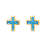 Cross Stud Earrings Yellow Tone, Lab Created Blue Opal 925 Sterling Silver