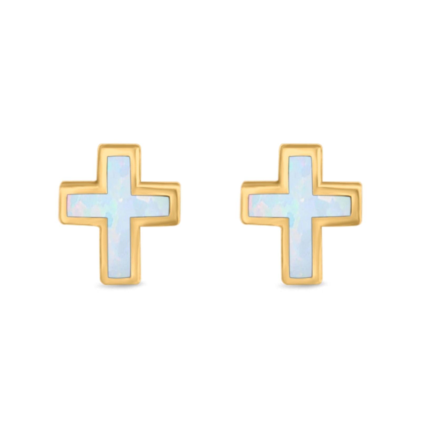 Cross Stud Earrings Yellow Tone, Lab Created White Opal 925 Sterling Silver
