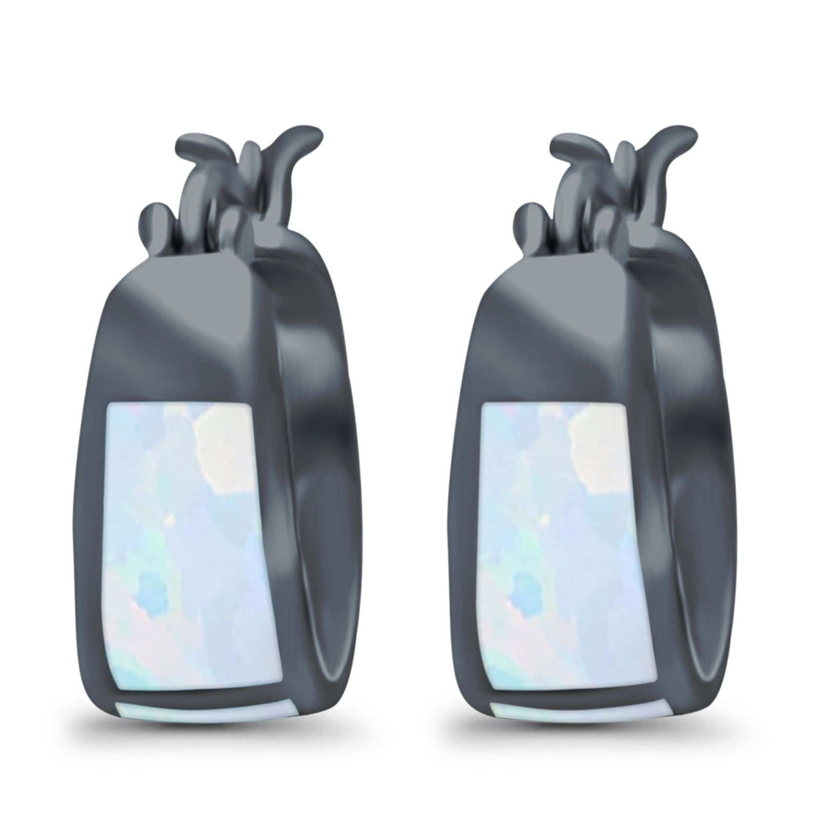 Hoop Huggies Earrings Irregular Shape Black Tone, Lab Created White Opal 925 Sterling Silver