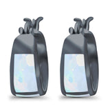 Hoop Huggies Earrings Irregular Shape Black Tone, Lab Created White Opal 925 Sterling Silver