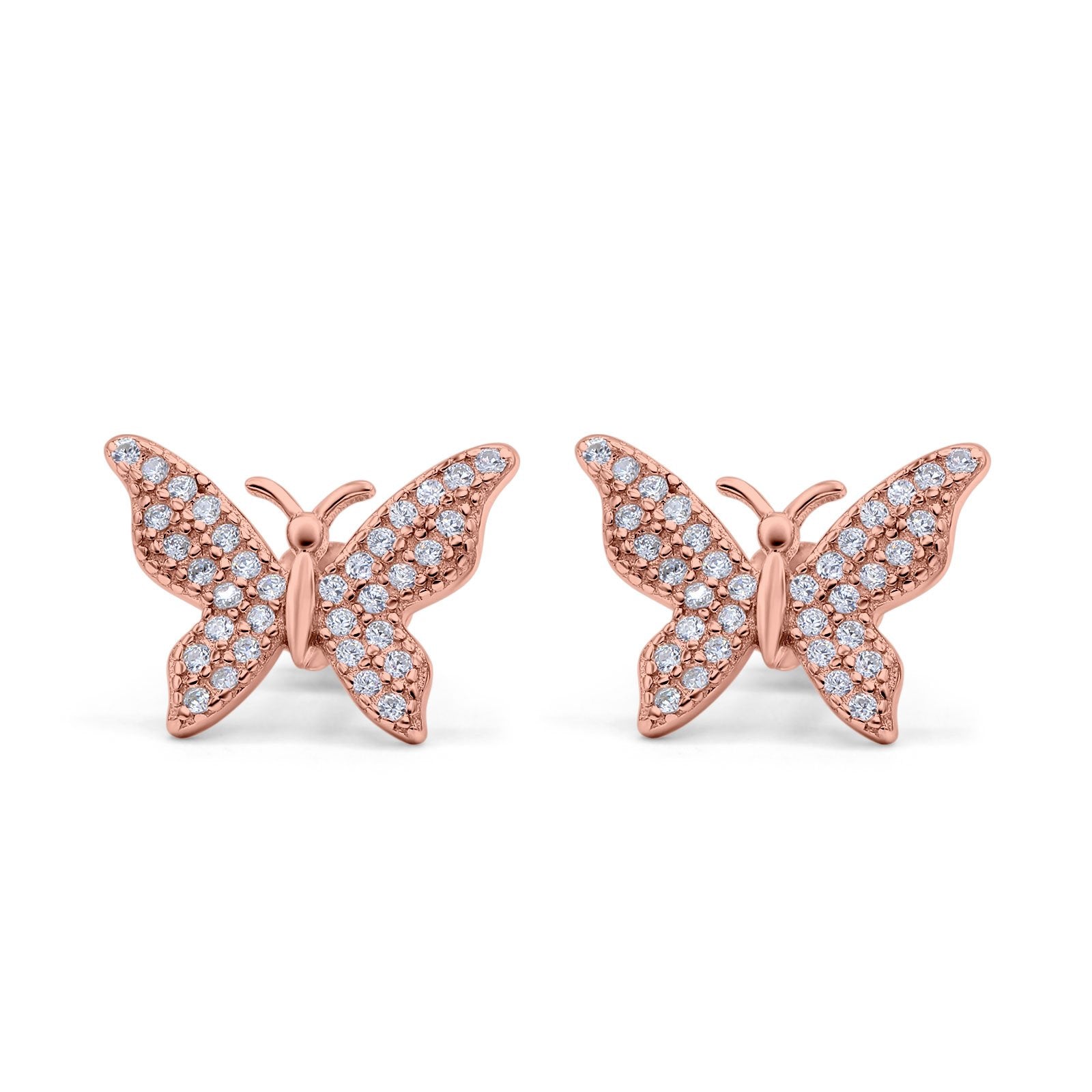 Butterfly Stud Earrings Rose Tone, Simulated CZ 925 Sterling Silver (14mm)