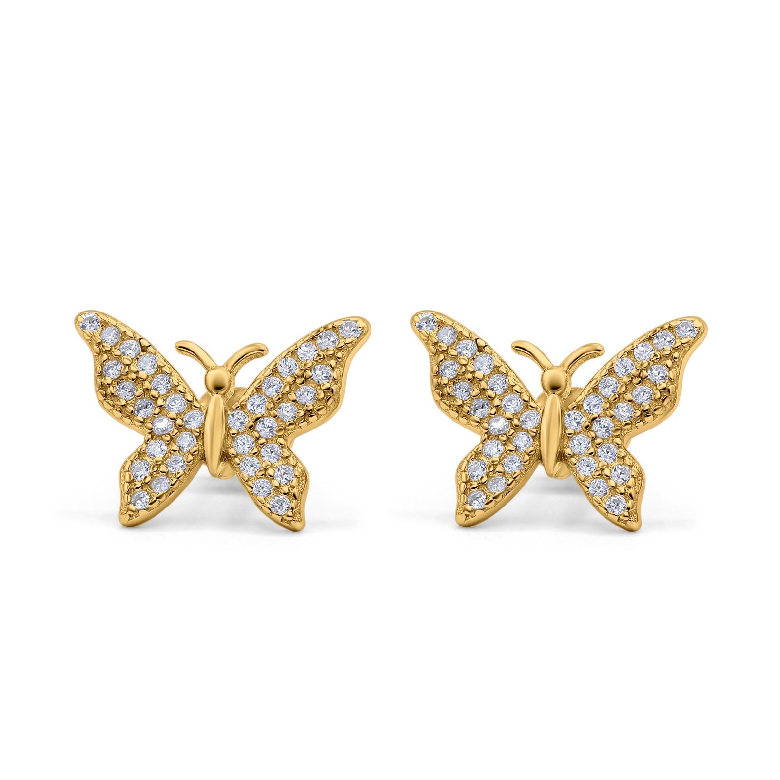 Butterfly Stud Earrings Yellow Tone, Simulated CZ 925 Sterling Silver (14mm)