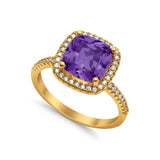 Engagement Ring Solitaire Cushion Yellow Tone, Simulated Amethyst CZ 925 Sterling Silver