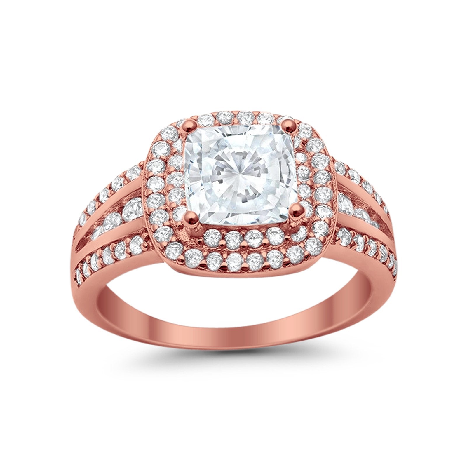 Halo Art Deco Wedding Ring Rose Tone, Simulated Cubic Zirconia 925 Sterling Silver