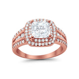 Halo Art Deco Wedding Ring Rose Tone, Simulated Cubic Zirconia 925 Sterling Silver