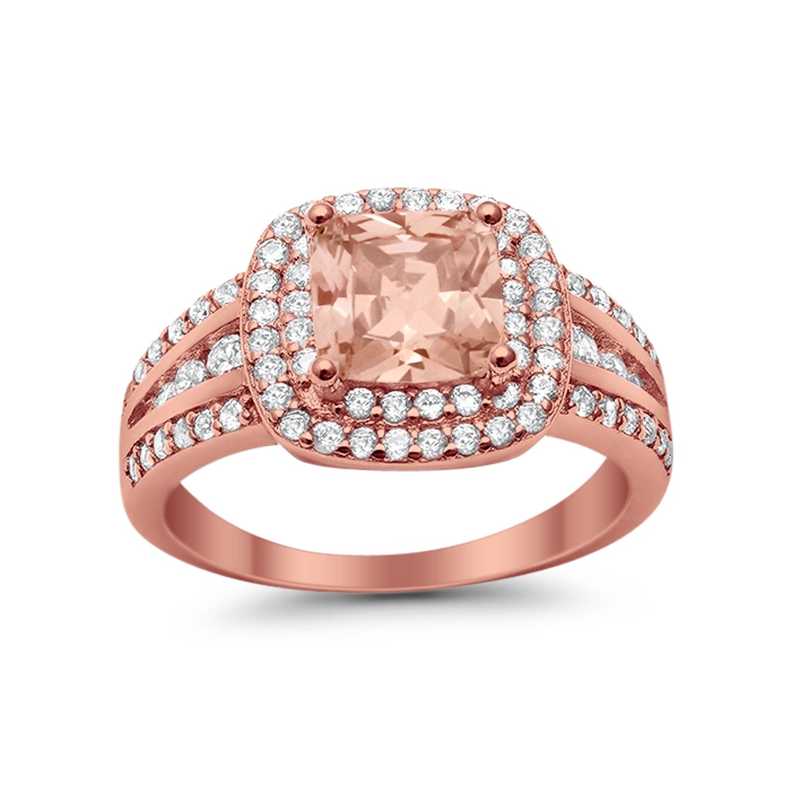 Halo Art Deco Wedding Ring Rose Tone, Simulated Morganite CZ 925 Sterling Silver