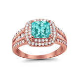 Halo Wedding Ring Rose Tone, Simulated Paraiba Tourmaline CZ 925 Sterling Silver