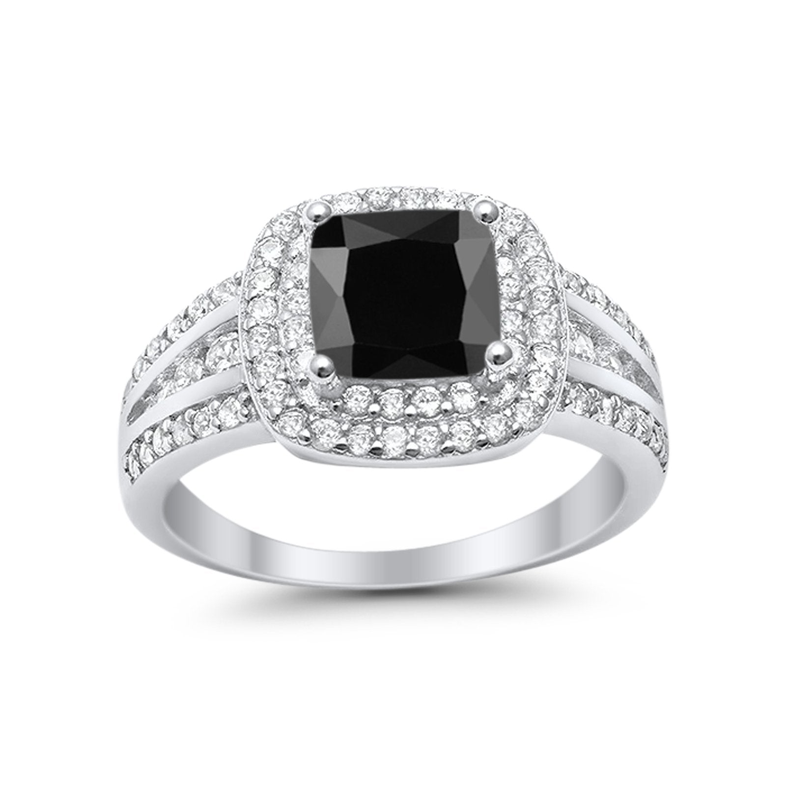 Halo Wedding Ring Princess Simulated Black CZ 925 Sterling Silver