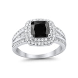 Halo Wedding Ring Princess Simulated Black CZ 925 Sterling Silver
