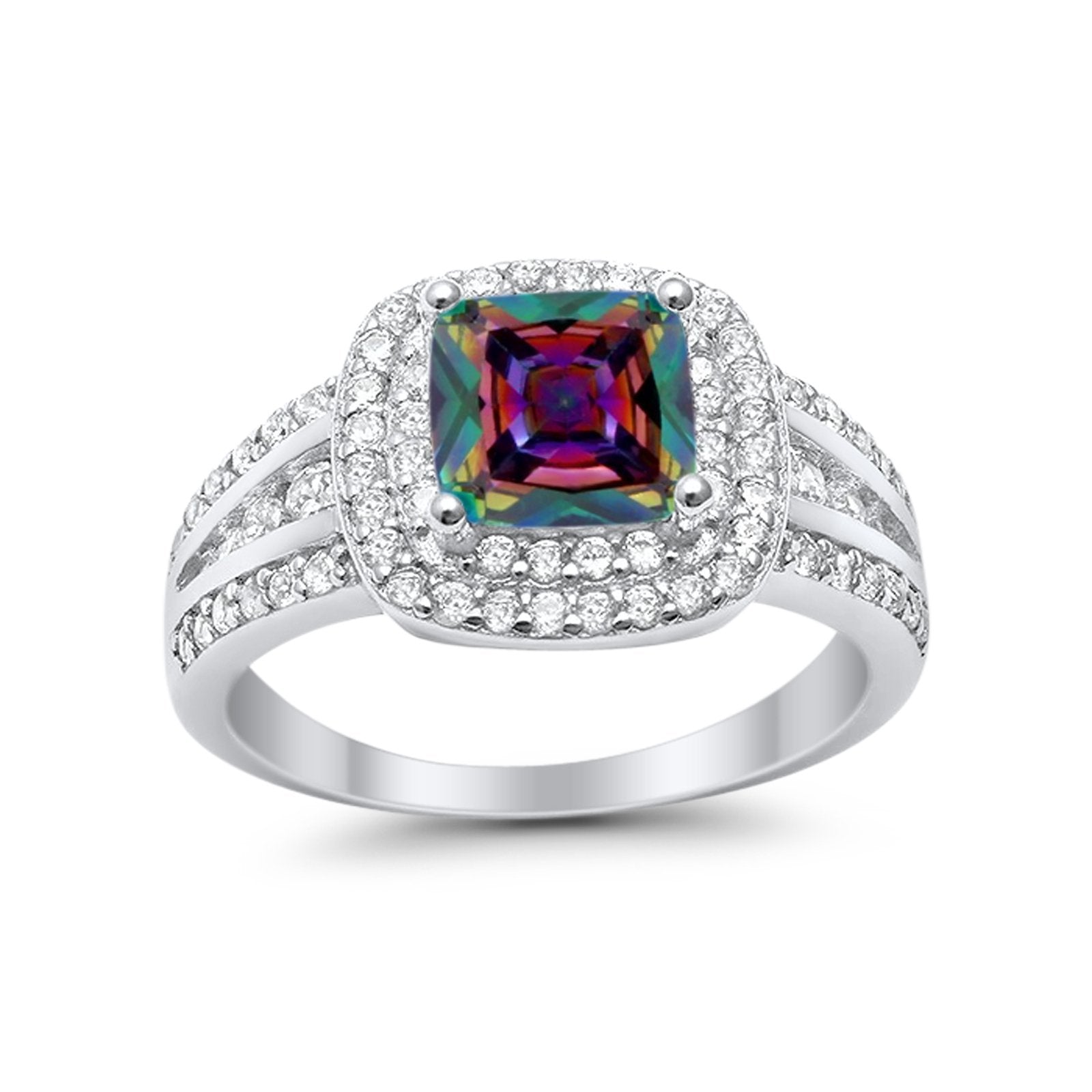 Halo Wedding Ring Princess Simulated Rainbow CZ 925 Sterling Silver